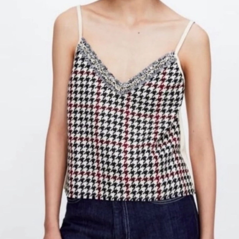 Zara Tank Top Tweed Houndstooth Black Red Faux Suede L Preppy